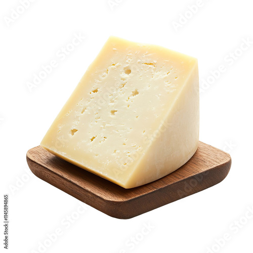 Extreme front view of a hyperrealistic Pecorino Romano cheese on a wooden tray isolated on a white transparent background