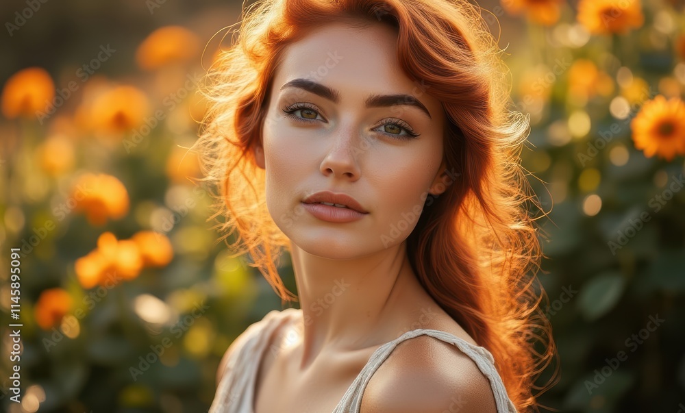Young woman with red hair in sunflowers Young woman with red hair in sunflowers
