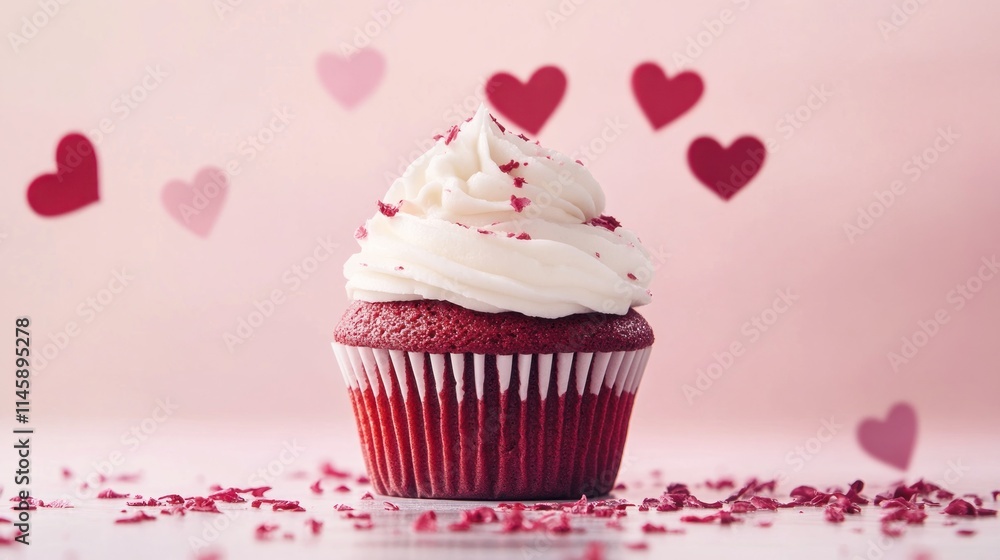 Red velvet cupcake with white frosting, floating hearts background. Red velvet cupcake with white frosting, floating hearts background.