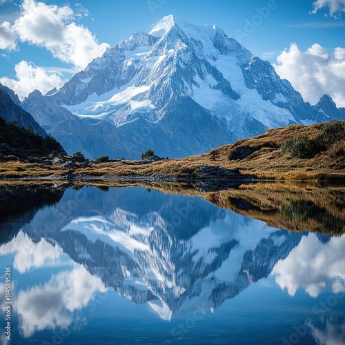 Majestic snow-capped mountain reflected in a serene alpine lake. photo