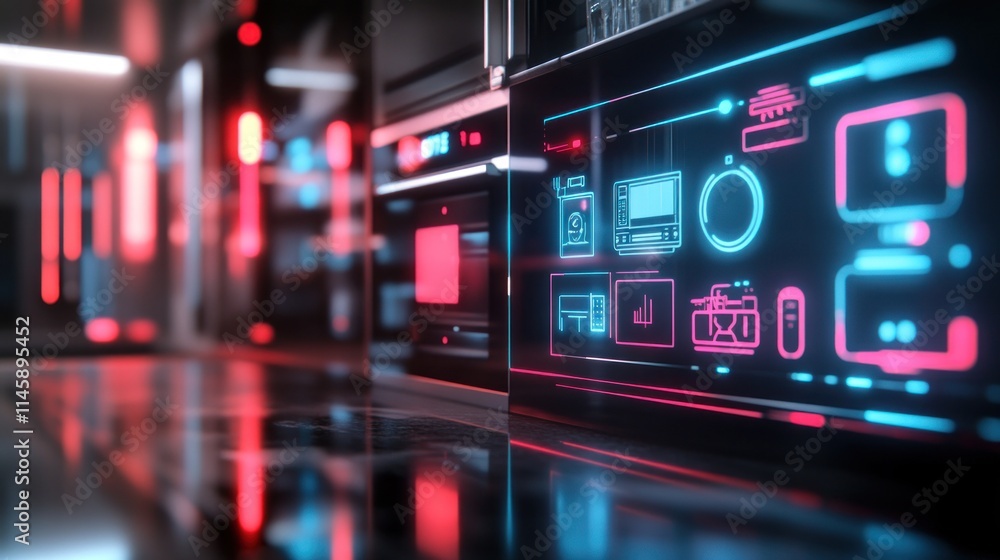 Futuristic kitchen with glowing screens and controls. Futuristic kitchen with glowing screens and controls.