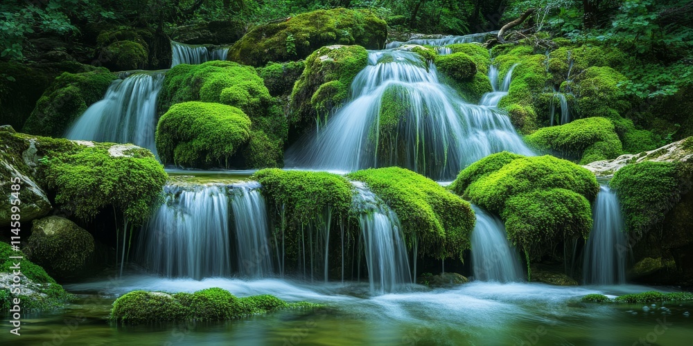 Lush forest waterfall cascading over rocks adorned with vibrant green moss, creating a serene atmosphere in the deep forest where nature thrives, showcasing the beauty of a tranquil forest waterfall. Lush forest waterfall cascading over rocks adorned with vibrant green moss, creating a serene atmosphere in the deep forest where nature thrives, showcasing the beauty of a tranquil forest waterfall.