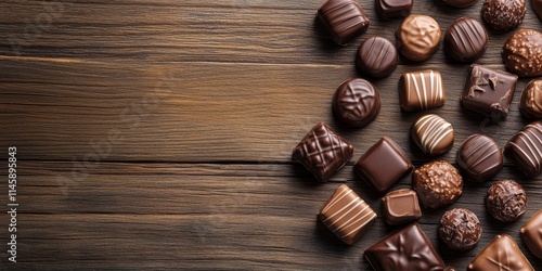 Delicious chocolate candies arranged on a wooden table. This top view showcases tasty chocolate candies, providing ample copy space to highlight the allure of these scrumptious treats.