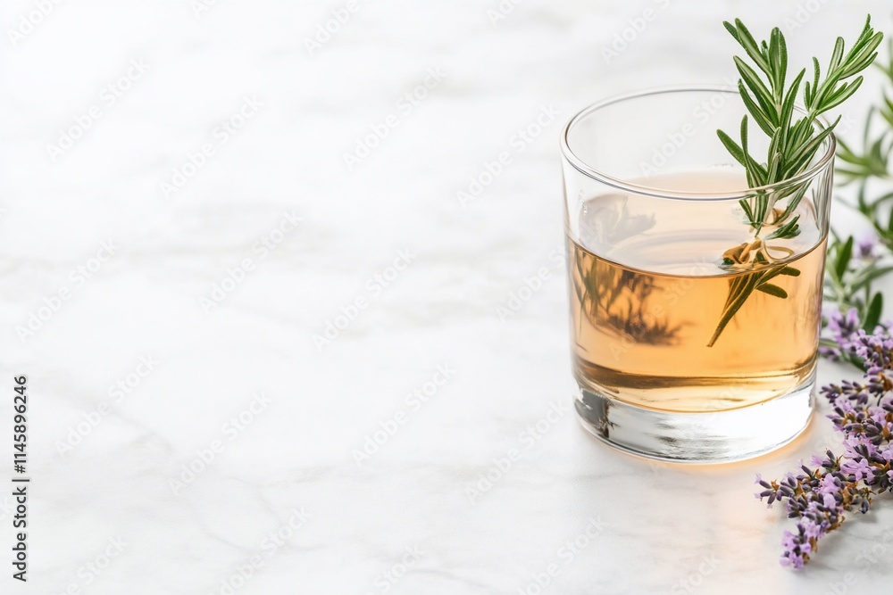 A glass of herbal drink garnished with rosemary and lavender. A glass of herbal drink garnished with rosemary and lavender.