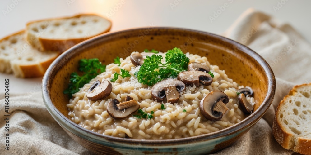 Classic mushroom risotto served in rustic ceramics with bread Classic mushroom risotto served in rustic ceramics with bread