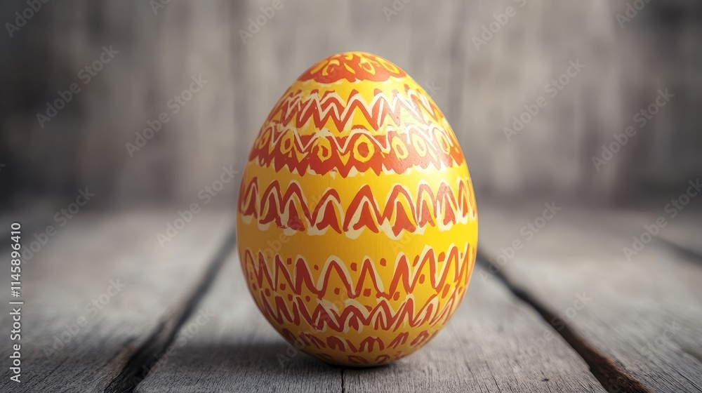 A brightly decorated Easter egg with yellow and red patterns on a wooden surface. A brightly decorated Easter egg with yellow and red patterns on a wooden surface.