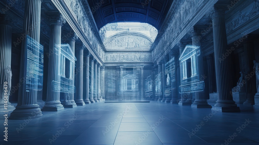 Roman hall with glowing, digital overlay. Roman hall with glowing, digital overlay.