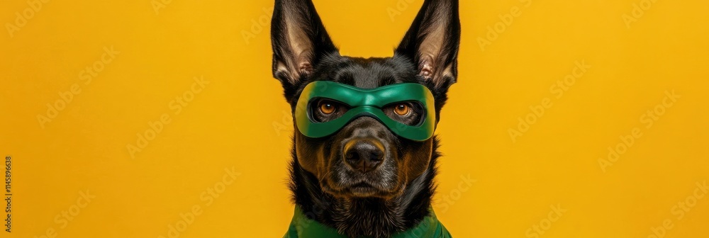 Black dog wearing green mask, yellow background. Black dog wearing green mask, yellow background.