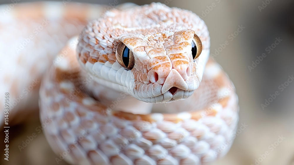 Close-up of a pale snake with orange markings, coiled and facing the camera. Close-up of a pale snake with orange markings, coiled and facing the camera.