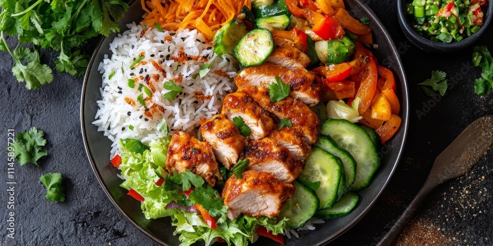 Delicious spicy chicken served over stir fried rice, accompanied by a fresh salad and an array of colorful vegetables. Enjoy the vibrant flavors of this spicy chicken dish in a top view presentation. Delicious spicy chicken served over stir fried rice, accompanied by a fresh salad and an array of colorful vegetables. Enjoy the vibrant flavors of this spicy chicken dish in a top view presentation.
