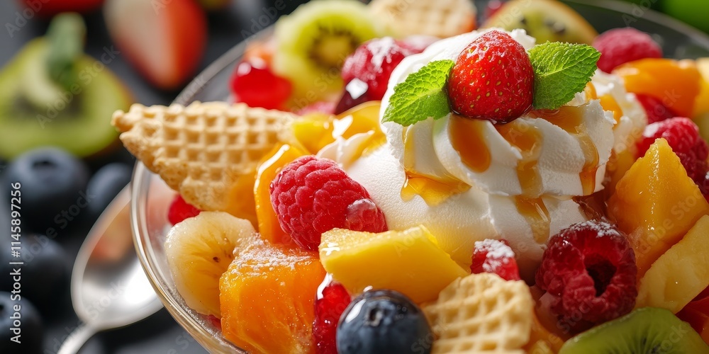 Delight in a tasty fresh tropical fruit salad featuring a twist of whipped cream or vanilla ice cream, elegantly drizzled with syrup and garnished with slices of fresh fruit and a wafer. Delight in a tasty fresh tropical fruit salad featuring a twist of whipped cream or vanilla ice cream, elegantly drizzled with syrup and garnished with slices of fresh fruit and a wafer.