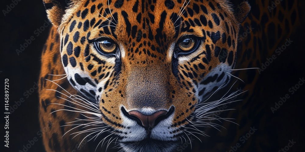 Obraz premium Close up portrait of a jaguar, showcasing the striking features and beauty of the jaguar. This detailed image captures the essence of the jaguar, highlighting its unique patterns and expression.