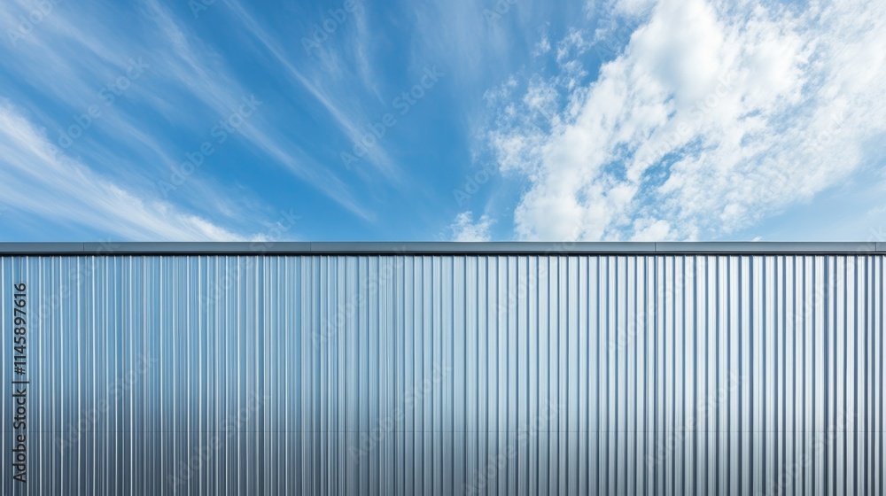 Factory industry, Architecture Building with Aluminium Facade on Blue Sky Background, Backdrop Wall Metal Corrugated Steel Surface Pattern, Warehouse Construction in Geometric Modern Design Factory industry, Architecture Building with Aluminium Facade on Blue Sky Background, Backdrop Wall Metal Corrugated Steel Surface Pattern, Warehouse Construction in Geometric Modern Design