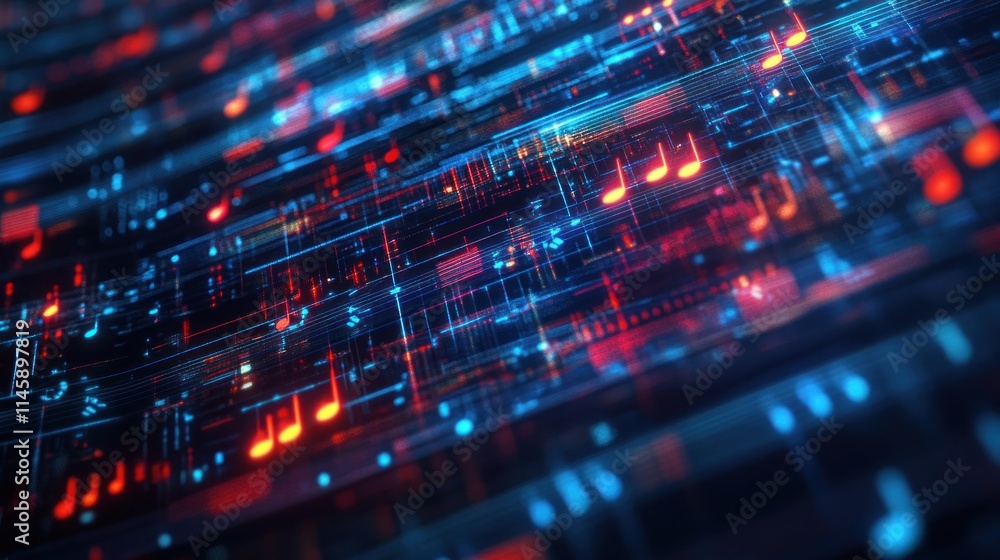 Abstract digital musical notes floating on circuit board lines. Abstract digital musical notes floating on circuit board lines.