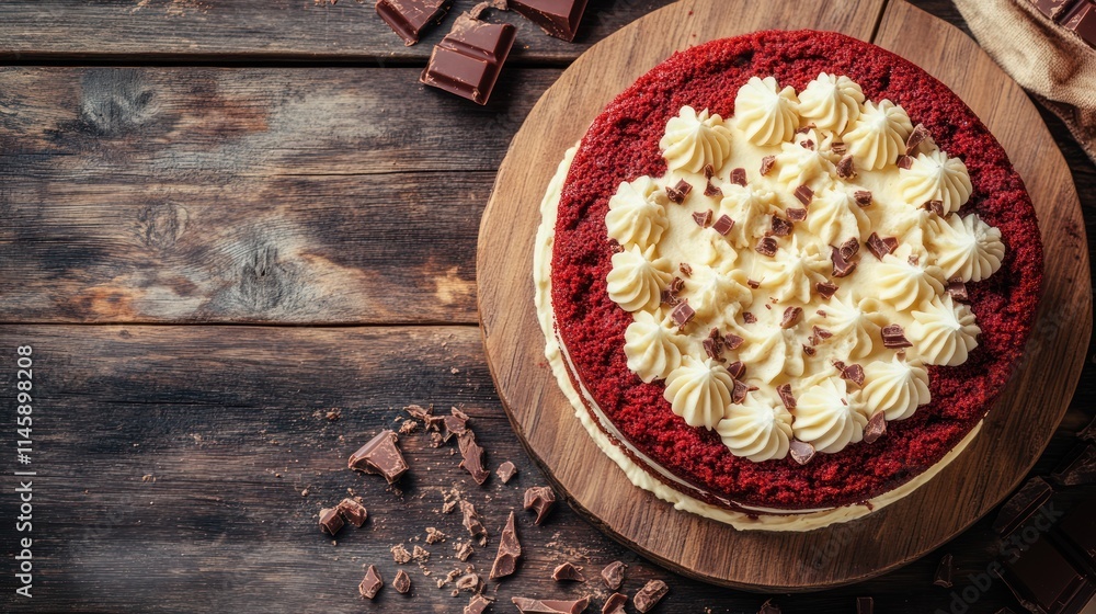 Red velvet cake with cream cheese frosting and chocolate on wooden surface. Red velvet cake with cream cheese frosting and chocolate on wooden surface.