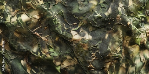 Camouflage net features a detailed mesh design, providing effective protection. This camouflage mesh serves as a versatile background, ideal for military purposes or outdoor settings. photo