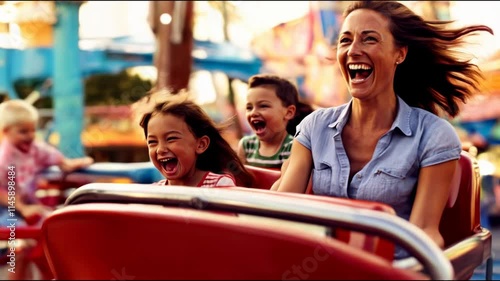 Enjoying Thrilling Roller Coaster Ride Family Fun Scene Footage