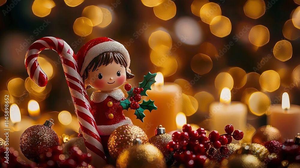 Adorable Christmas Elf Figurine with Candy Cane and Festive Decorations Adorable Christmas Elf Figurine with Candy Cane and Festive Decorations