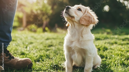 Adorable portrait of a cute non pedigree dog sitting on green grass, featuring a charming puppy looking up lovingly at a person. This cute dog showcases a delightful interaction with its companion. photo