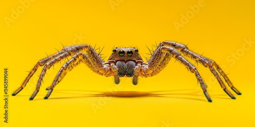 A captivating image featuring the Scorpion Tailed Spider, showcasing its unique form and striking appearance against a vibrant yellow background, perfect for illustrating the Scorpion Tailed Spider s photo