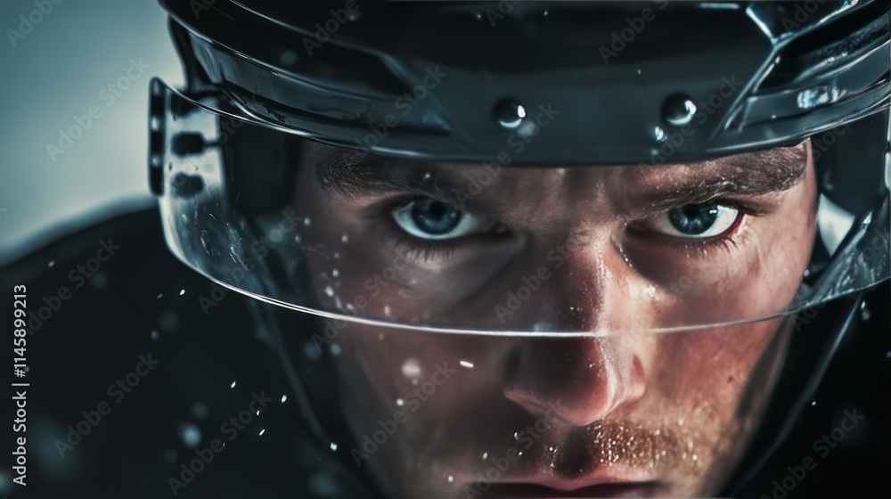 Intense hockey player prepares for the game with focus and determination during a snow-filled practice session Intense hockey player prepares for the game with focus and determination during a snow-filled practice session