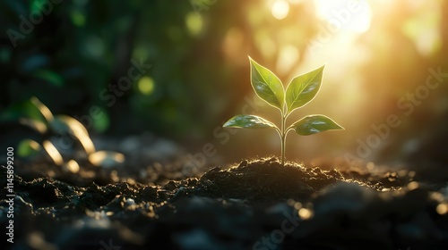 Young Plant Growing in Sunlit Soil