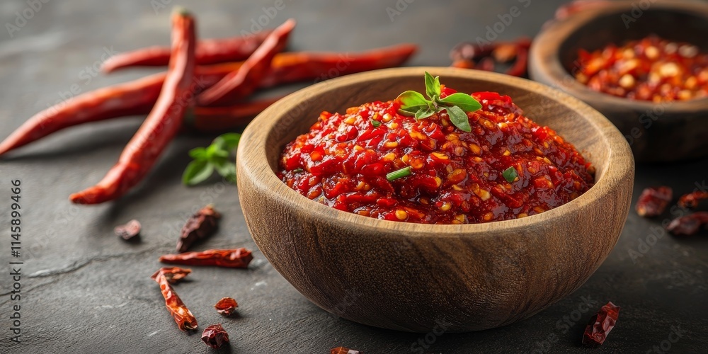 Red chili sauce displayed in a rustic wooden bowl, showcasing the vibrant color and rich texture of the red chili sauce, perfect for enhancing the flavor of various dishes with the red chili sauce. Red chili sauce displayed in a rustic wooden bowl, showcasing the vibrant color and rich texture of the red chili sauce, perfect for enhancing the flavor of various dishes with the red chili sauce.
