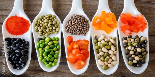 A variety of vegetables alongside protein packed foods are arranged on white spoons, showcasing a colorful assortment of nutritious options. photo