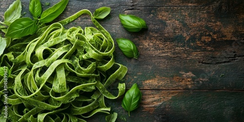 Fresh green tagliatelle pasta made from vegetables, ideal for a healthy meal or snack. This green tagliatelle is perfect for any second course, presented beautifully on a rustic table with ample copy photo