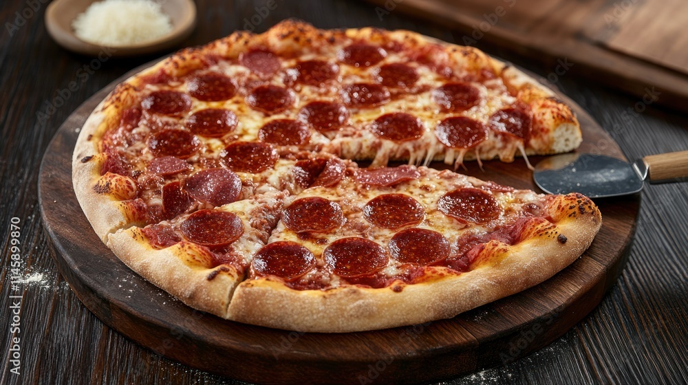 Pepperoni pizza on wood board with slice missing. Pepperoni pizza on wood board with slice missing.