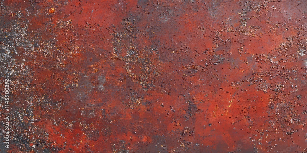 Rusty red metal surface texture featuring fine speckles creates a striking background. This rusty red metal surface showcases a unique texture with intricate details and visual interest.