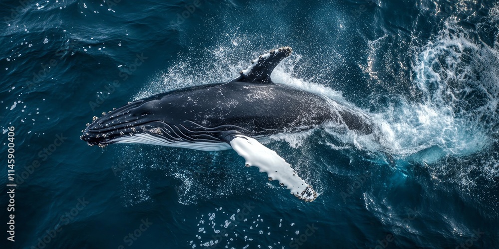 Naklejka premium Defocused humpback whale displaying its fin and creating splashes while being observed from a boat during an exciting tour featuring humpback whale encounters.