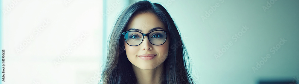 Fototapeta premium Editorial eye-level shot of an elegant woman with glasses