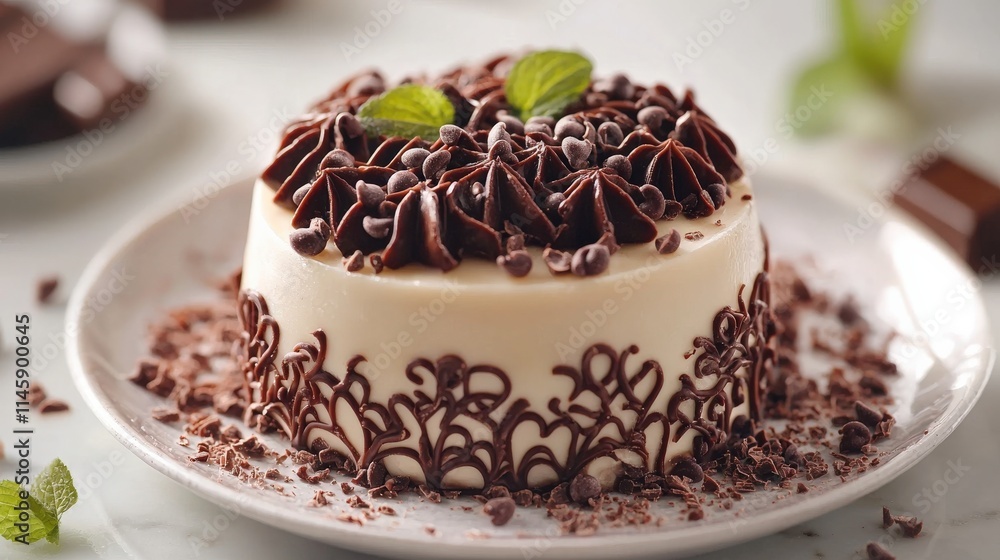 A delectable chocolate dessert topped with intricate frosting and garnished with mint leaves, sitting on a decorative plate. A delectable chocolate dessert topped with intricate frosting and garnished with mint leaves, sitting on a decorative plate.