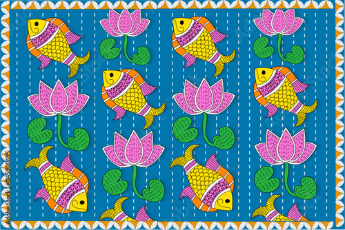 Vector Design Of Indian Folk Art With Lotus Flowers ,Leaves And Hand Drawn Fish,  Artwork Of Fish And Lotus Flowers , Madhubani Design For Print.