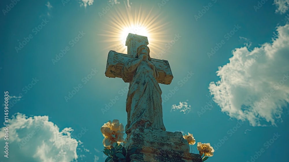 A cross stands against a blue sky with clouds and the sun, symbolizing belief, faith, and spiritual religion. A cross stands against a blue sky with clouds and the sun, symbolizing belief, faith, and spiritual religion.