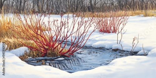 Rostrum of rhubarb amidst melting snow in a serene meadow, showcasing early spring s beauty. The rostrum of rhubarb adds vibrant color to the rural landscape as winter fades away. photo