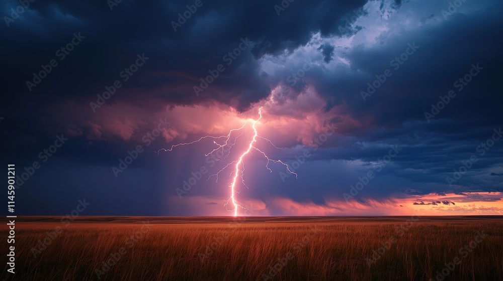 A dramatic landscape featuring a lightning strike illuminating dark storm clouds over a vast field at sunset. A dramatic landscape featuring a lightning strike illuminating dark storm clouds over a vast field at sunset.