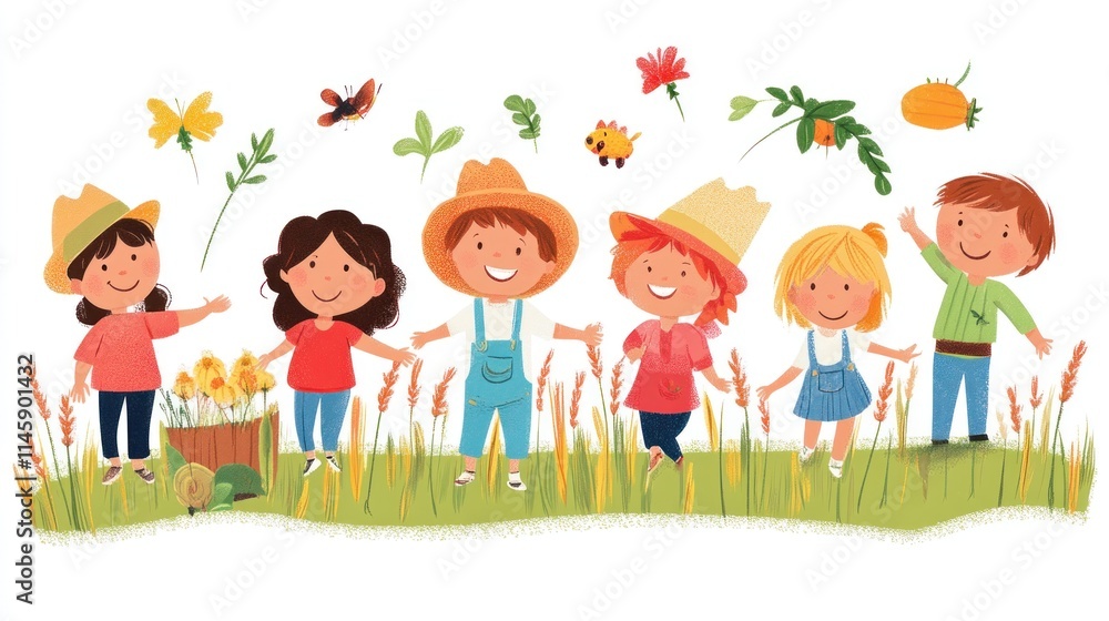 Happy Children Playing in a Summer Field of Flowers Happy Children Playing in a Summer Field of Flowers