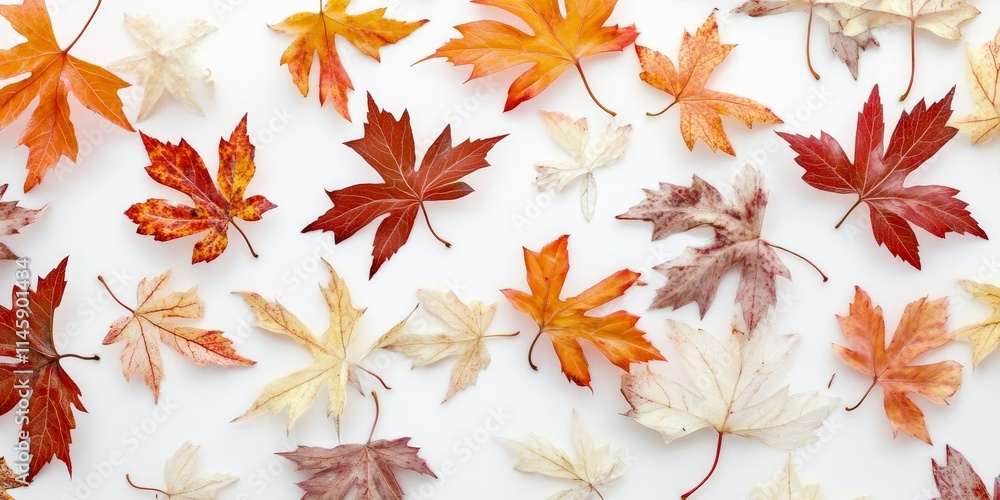 Fototapeta premium Beautiful foliage of maple leaves set against a white background highlights their stunning colors and intricate shapes, emphasizing the beauty of nature in this striking contrast.