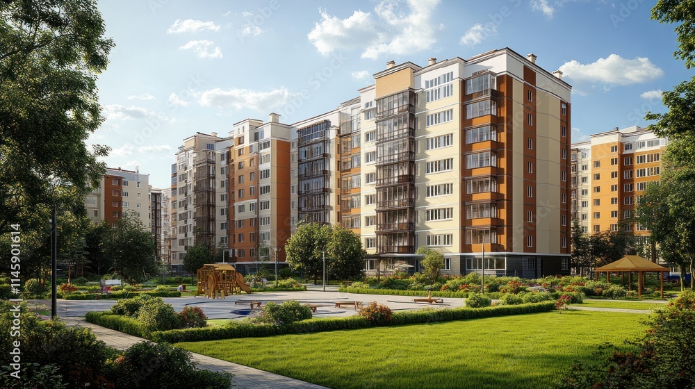 Obraz premium Modern Apartment Complex with Lush Green Landscaping