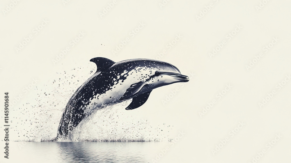 Fototapeta premium Dolphin leaps out of water, creating beautiful spray of water droplets
