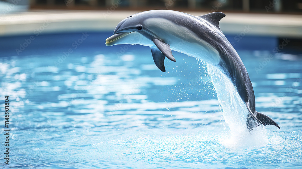 Obraz premium Jumping dolphin splashing water in blue pool, showcasing agility and grace