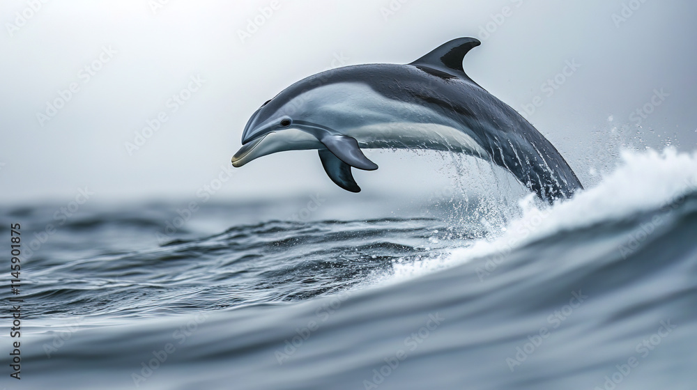 Fototapeta premium Dolphin jumping over ocean waves, showcasing agility and grace