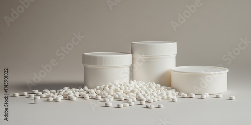 A heap of white pills is spread out in front of two closed containers lying sideways, with additional pills scattered among them, showcasing the various pills from the heap. photo