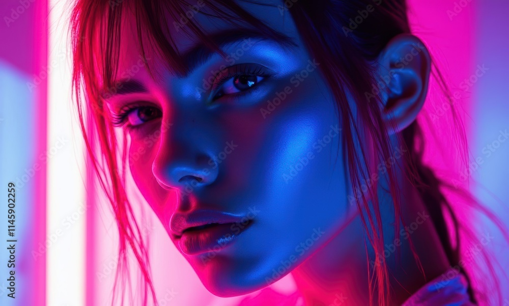 Close-up of a young woman with vibrant lighting Close-up of a young woman with vibrant lighting