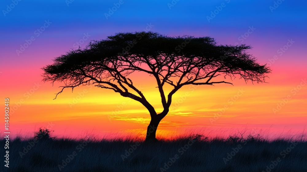 A silhouetted tree stands against a vibrant sunset, showcasing hues of orange, purple, and blue in a serene landscape. A silhouetted tree stands against a vibrant sunset, showcasing hues of orange, purple, and blue in a serene landscape.
