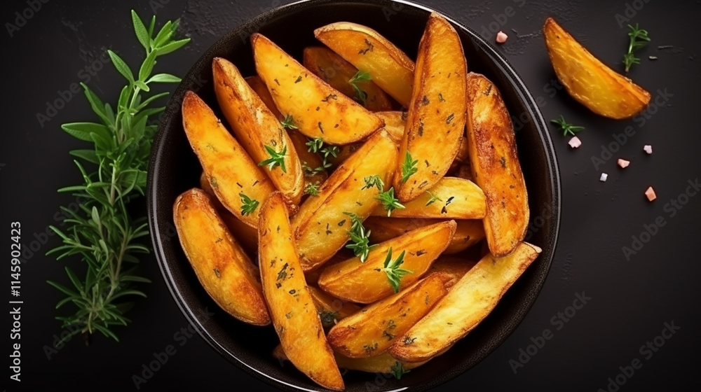 Baked potato wedges with cheese and herbs and tomato sauce on black background - homemade organic vegetable vegan vegetarian potato wedges snack food meal. Baked potato wedges with cheese and herbs and tomato sauce on black background - homemade organic vegetable vegan vegetarian potato wedges snack food meal.
