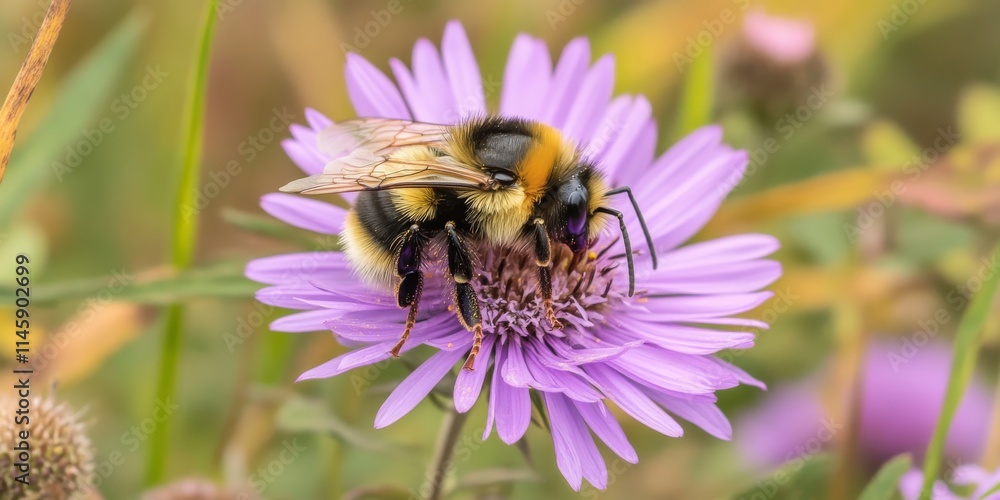 A Bumble Bee interacts with an Aster Wood s Purple flower in a vibrant prairie setting. This captivating scene highlights the Bumble Bee s essential role in nature and pollination. A Bumble Bee interacts with an Aster Wood s Purple flower in a vibrant prairie setting. This captivating scene highlights the Bumble Bee s essential role in nature and pollination.