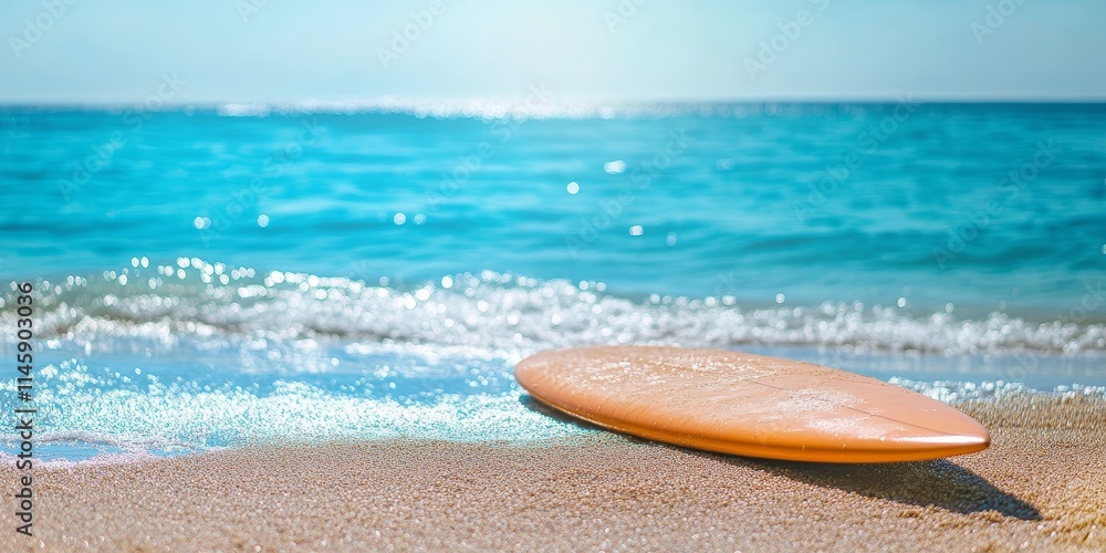 A banner showcasing a surfboard resting on a moist sandy shore, with a serene blue ocean behind. Focus is on the calm sea and the clear, shimmering blue water surface. A banner showcasing a surfboard resting on a moist sandy shore, with a serene blue ocean behind. Focus is on the calm sea and the clear, shimmering blue water surface.